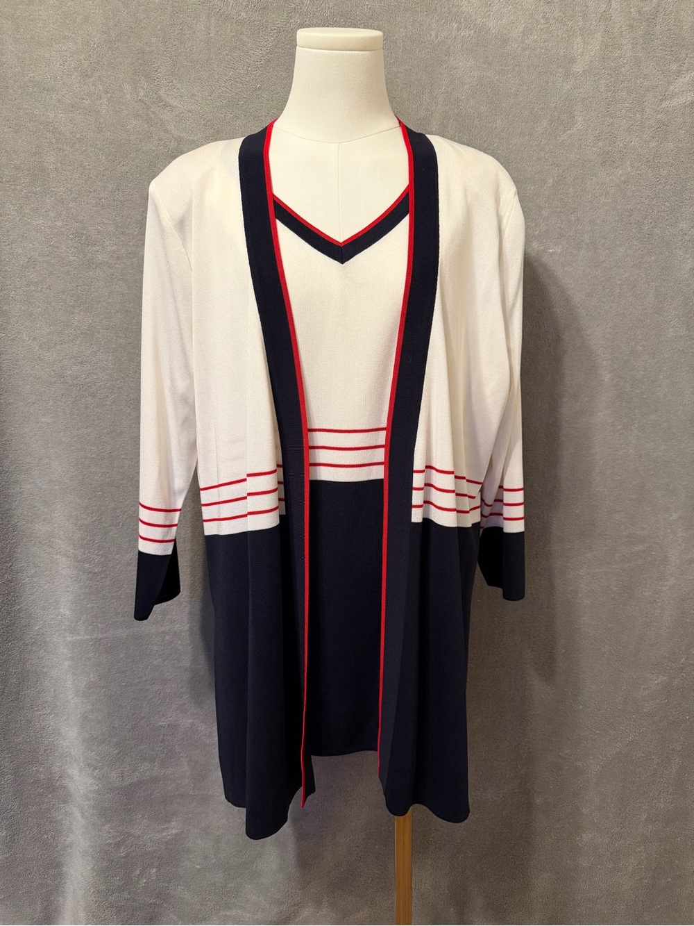 Vtg Misook Womens 2-Piece Navy/White/Red Open-Front Cardigan Sweater/Top Size 1X